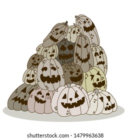 Pile of Jack o lanterns with different spooky faces. Halloween image. Hand drawn vector EPS 10 illustration.