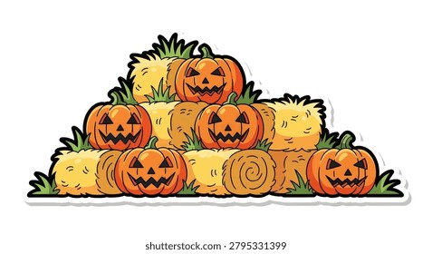 Pile of jack o lanterns on haystack