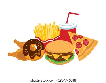 Pile of junk food icon vector. Group of fried and sweet food vector. Fast food icon set isolated on a white background