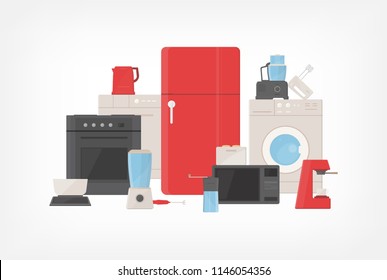 Pile of kitchen utensils, household appliances, cooking facilities, electric tools and equipment for food preparation isolated on white background. Colorful vector illustration in flat cartoon style