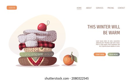 Pile of knitted clothes or blanket and tangerine. Merry Christmas, cozy winter, New Year, home comfort, holidays concept. Vector illustration for poster, banner, website, cover.