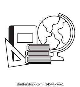 pile of library books with terrestrial globe and icons