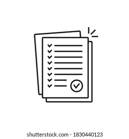 Icono de ficha de licencia o documentos de contrato. Concepto de chequeo de documentos con sello de aprobación o vector de pacto correcto.