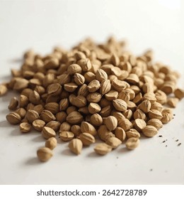 A pile of light brown, oblong seeds sits on a white surface, some seeds scattered around the main pile, creating a rustic, natural feel.