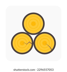 Pile of log wood or timber vector icon in cross section view. Tree after cut, crosscut by saw, lumberjack. Material from nature. Stock for sawn to lumber, woodworking, sawmill industry, construction.