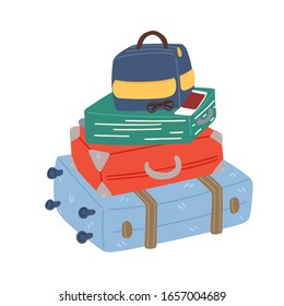 Pile of luggage and suitcases. Blue, red and green valise and trunks. Isolated on white background. Vector cartoon illustration