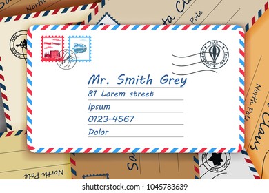 Pile Of Mailing Postal Address Letters Mail Post Stamp Template Vector Illustration