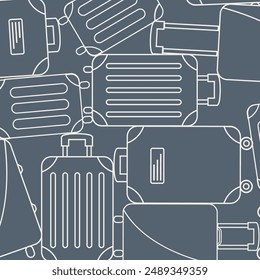 pile of many clean outline Baggage vector. travel summer vacation background. lost found trolley in holiday. heap of different set luggage. suitcase collection texture. claim at airport flat design