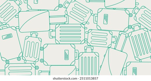 pile of many clean outline Baggage vector. travel summer holiday vacation background. lost found trolley cover. heap of different set luggage. suitcase collection texture. claim at airport flat design