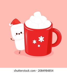 Pile of marshmallows on Cocoa. Cocoa with marshmallows in a red cup. Christmas hot chocolate cup. Cartoon new year drink. Cute marshmallows character.