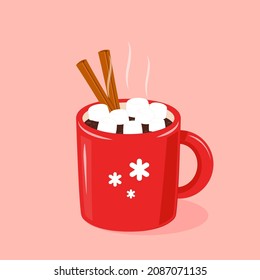 Pila de malvaviscos en el cacao. Cacao con malvaviscos en una taza roja. Tasa roja con muffin, canela y malvaviscos. Hermosa postal de invierno. Ilustración vectorial plana.