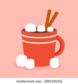 Pile of marshmallows on Cocoa. Cocoa with marshmallows in a red cup. Red cup with muffin, cinnamon and Marshmallows. Beautiful winter postcard. Flat vector illustration.
