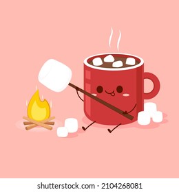 Pile of marshmallows on Cocoa. Cocoa with marshmallows in a red cup. A mug of hot chocolate or cocoa in which marshmallows. Flat vector illustration. Dessert character design.