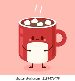 Pile of marshmallows on Cocoa. Cocoa with marshmallows in a red cup. A mug of hot chocolate or cocoa in which marshmallows. Flat vector illustration. Dessert character design.