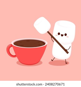 Pile of marshmallows on Cocoa. Cocoa with marshmallows in a red cup. A mug of hot chocolate or cocoa in which marshmallows. Flat vector illustration. Dessert character design.
