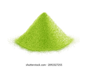 Pile of matcha powder green tea. Realistic sketch. Japanese beverage. Shredded leaves for green tea drink. Vintage pointillism style. Engraved vector.