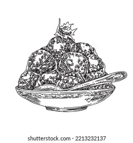 Pile of meatballs on plate. Sketch. Engraving style. Vector illustration.