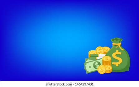 pile medal dollar and money bag isolated on blue background, stack money on blue for copy space, sack and medal dollar gold money illustration, money icon
