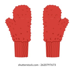 Pile Mitten Gloves One-Fingered knitted cuff red cartoon Fashion hand accessory clothing technical illustration garment. Vector for Men, women, unisex flat template CAD mockup sketch outline on white