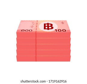 pile money 100 baht banknote thai, currency stack of one hundred THB type, bank note money thailand baht for business and finance icon, paper money thai isolated on white background, vector