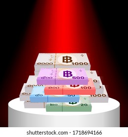 pile money banknote thai baht on pedestal, savings goal success concept, money stack 1000, 500, 100, 50, 20 THB of thailand, bank note money thai baht for business and finance idea, vector
