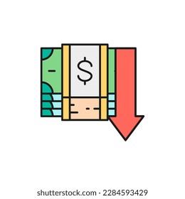 Pile de billetes de dinero con flecha abajo, color de línea lineal de reducción de la tasa de interés del dinero. Pago en efectivo, factura de papel, diseño de símbolos en dólares.