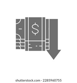 Pila de billetes con flecha abajo, icono de relleno gris de reducción de la tasa de interés del dinero. Pago en efectivo, factura de papel, diseño de símbolos en dólares.