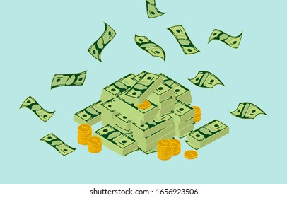 Pile of money - a big stack of dollar bills with money flying around, paper cash and coins. Vector illustration