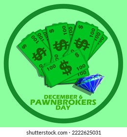 Pile of money with a blue diamond and bold text in a circle frame on a light green background to celebrate Pawnbrokers Day on December 6