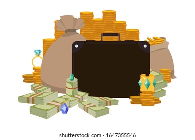 Pile of money, briefcase and bag full of cash, vector illustration. Treasure, golden coins and gemstone jewelry. Sack of gold, money income, wealth and success. Dollars, coins and gems, fortune
