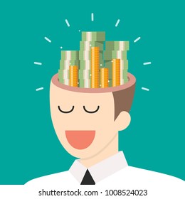 Pile of money in businessman head. Vector illustration