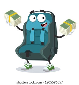 with a pile of money cartoon baby car seat character mascot on white background