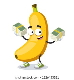 with a pile of money cartoon banana character mascot on white background
