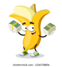 with a pile of money cartoon banana character mascot on white background