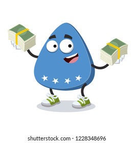with a pile of money cartoon blue guitar plectrum with stars character mascot on white background