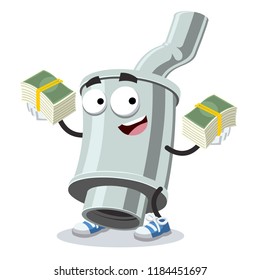 with a pile of money cartoon car exhaust pipe with silencer character mascot on white background