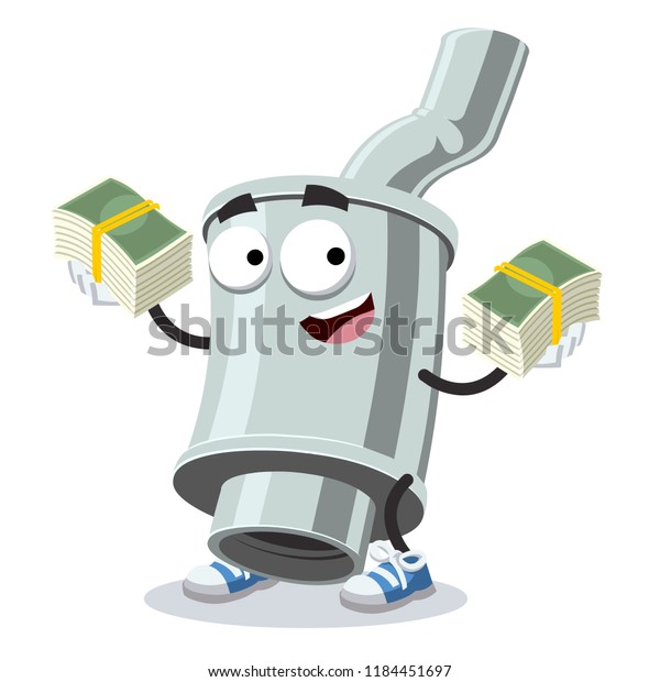 with a pile of money cartoon\
car exhaust pipe with silencer character mascot on white\
background