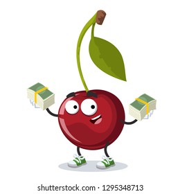 with a pile of money cartoon cherry berry on a branch with a leaf character mascot on white background