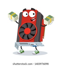 with a pile of money cartoon computer video graphics card character mascot on white background