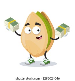 with a pile of money cartoon cracked pistachio nut character mascot on white background