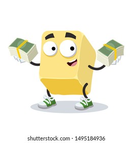 with a pile of money cartoon creamy butter or margarine character mascot on white background
