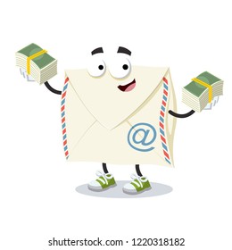 with a pile of money cartoon envelope with a email symbol character mascot on white background