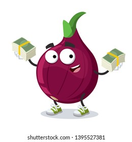 with a pile of money cartoon fresh whole red onion character mascot on white background