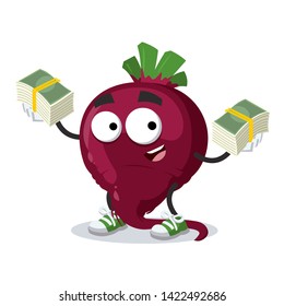 with a pile of money cartoon fresh whole red beetroot character mascot on white background