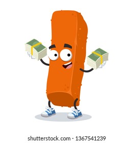 with a pile of money cartoon fried crispy fish finger stick character mascot on white background