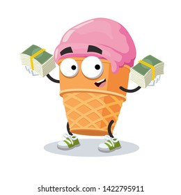 with a pile of money cartoon ice cream in a waffle cup character mascot on white background