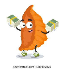 with a pile of money cartoon japanese dumpling roasted gyoza character mascot on white background