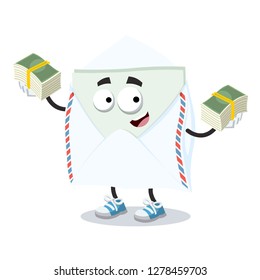 with a pile of money cartoon open envelope with a message inside character mascot on white background