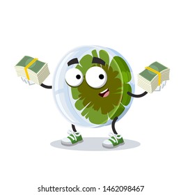 with a pile of money cartoon petri dish with bacteria or viruses character mascot on white background