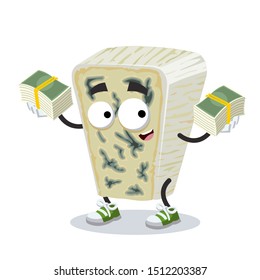 with a pile of money cartoon piece of soft blue cheese character mascot on white background